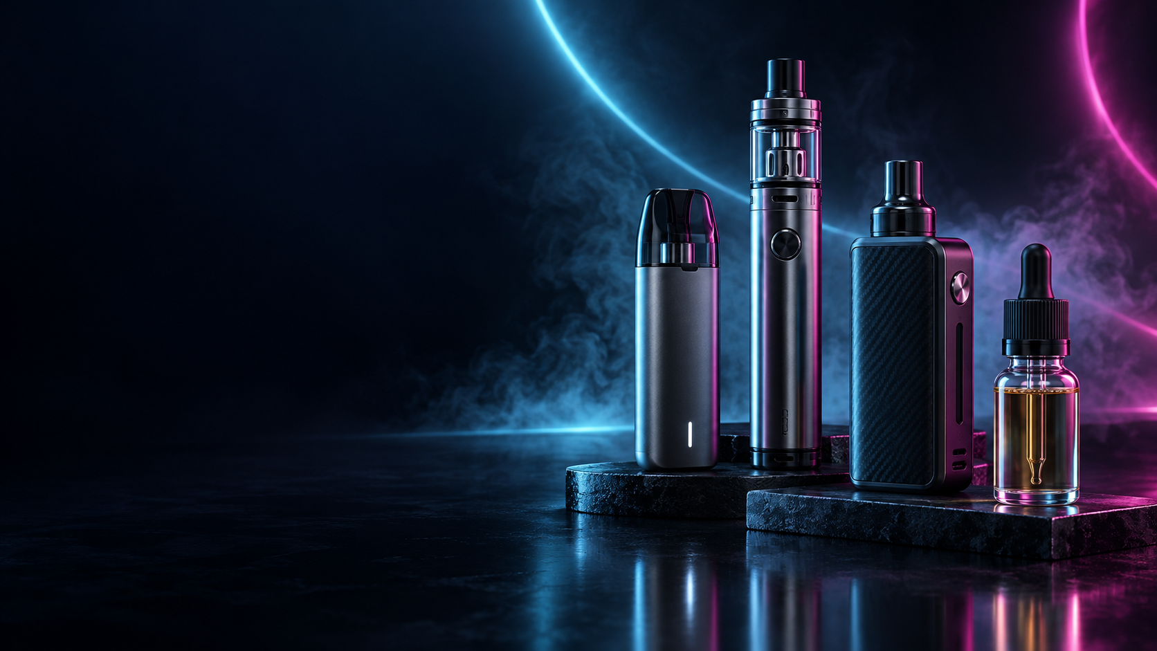 Sélection d’e-cigarettes et e-liquide dans un décor premium bleu et rose