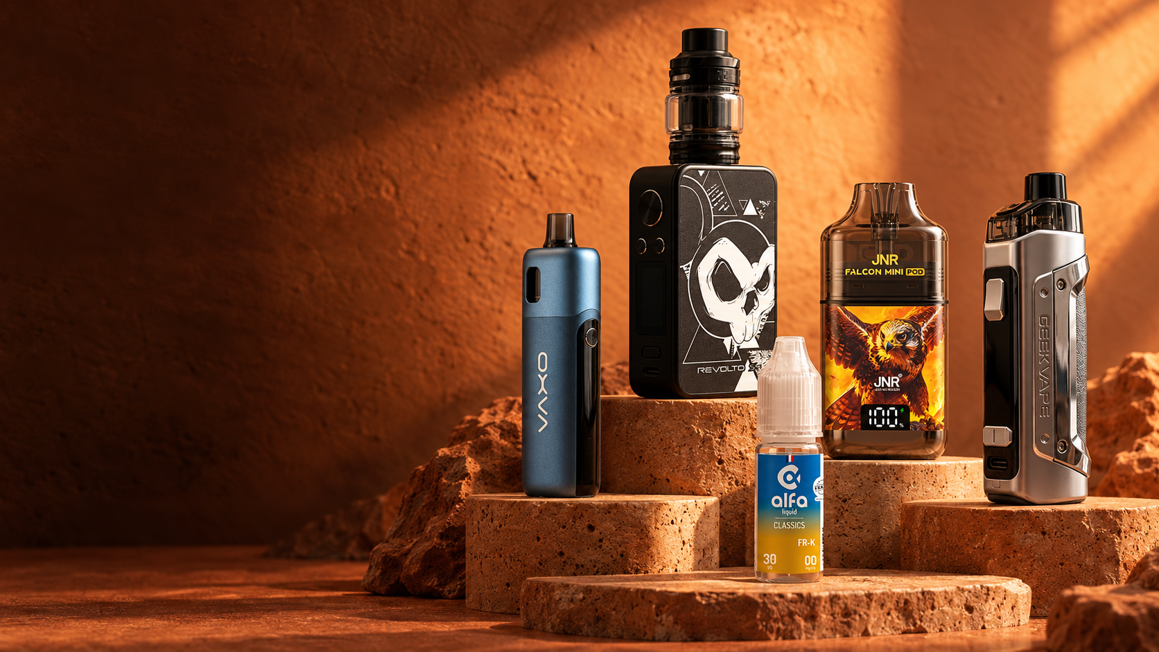Sélection de cigarettes électroniques et e-liquide dans un décor premium orange